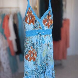 Sleeveless Blue Floral Midi Dress with Smocked Waist